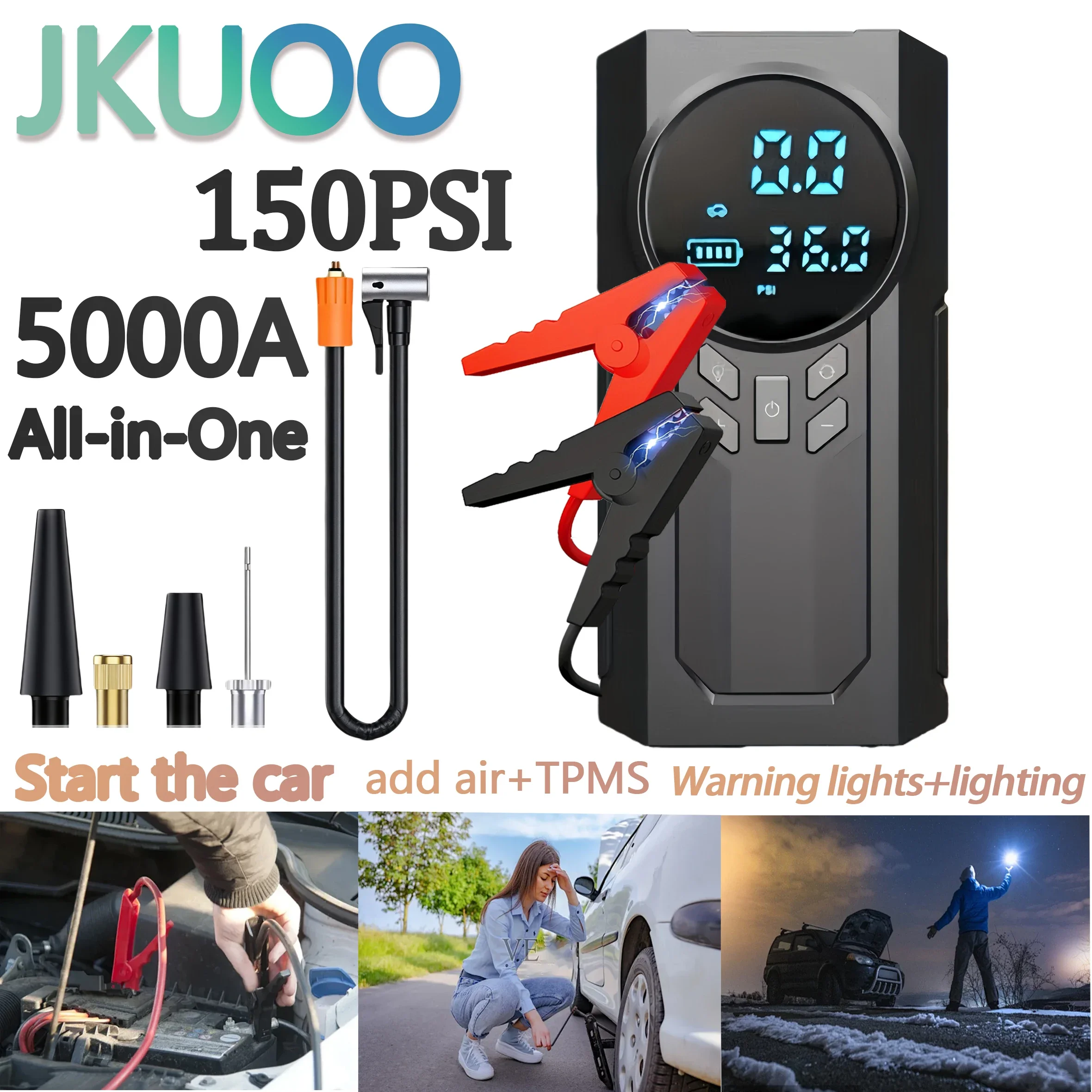 

12V Lead-Acid Battery Car Emergency Starter Air Pump 10.2 Bar 8L Gas/6L Diesel Durable -40°C LED Emergency Light