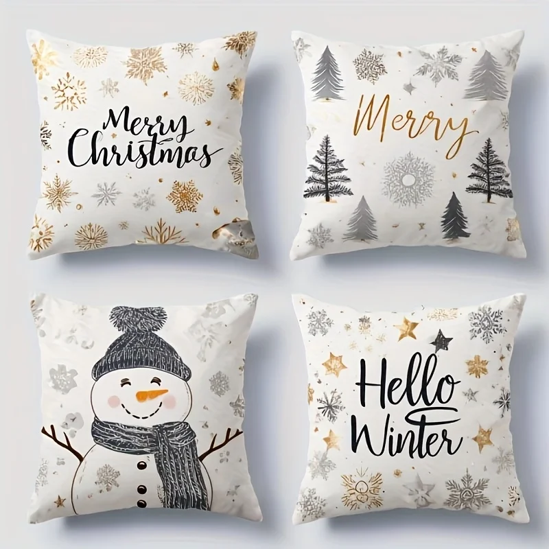 

4 шт. праздничные рождественские наволочки – золотой и серый зимний дизайн снеговика и елки для декора гостиной и спальни