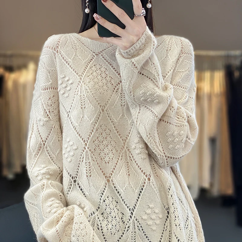 

Korean Fashion 100% Wool Sweater Women Slash Neck Long Sleeve Tops Hollow Out Loose Knit Pullover Plaid Knitwear Casual Clothe