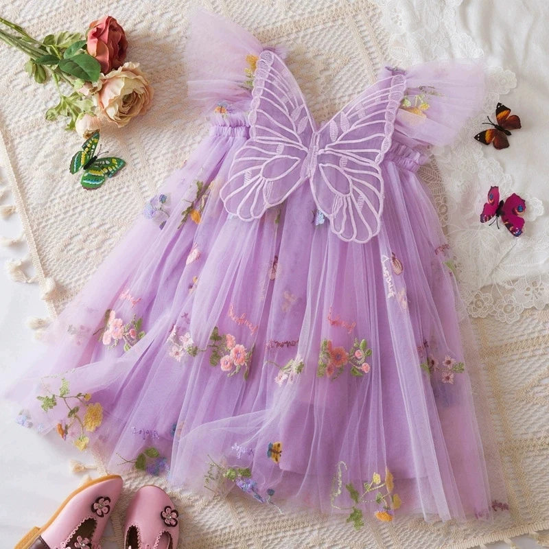 Vestido de Tule com Asas de Borboleta Roxas para Meninas, Bordado Floral, Vestido de Princesa para Festa de Aniversário e Cosplay