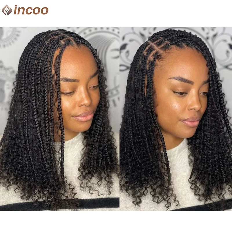 Peruca Trançada Boho Curta para Mulheres, Encaracolados, Rendas Sintéticas Completas, Cornrow Bob Peruca, Parte Quadrada, Caixa Sem Nós, 12"