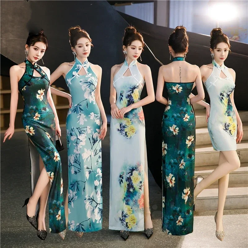 

Sexy Halter Cheongsam Lady Split Qipao New Chinese Style Improved Dress Gown Satin Cheongsams Hollow Out Vestidos Bigsize 4Xl5Xl