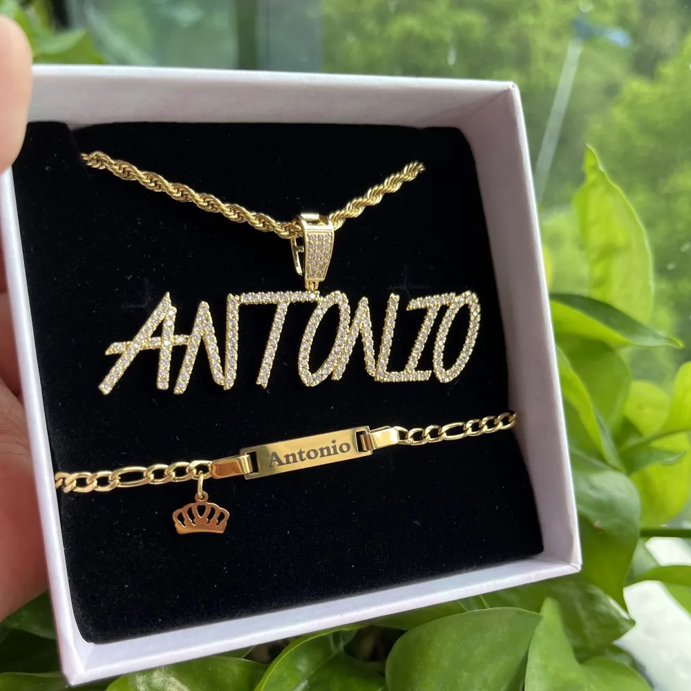 DUOYING  Custom Script Name Set Personalized Capital A-Z Pendant Rope Chain Necklace Baby ID Crown Name Bracelet Boy Jewelry