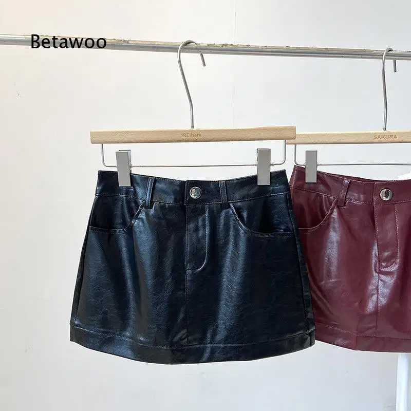 Women Wine Red High Waist PU Leather A Line Mini Skirt Anti Exposure Hip Wrap Bottoms Versatile Slim Fit For Autumn Daily Stree