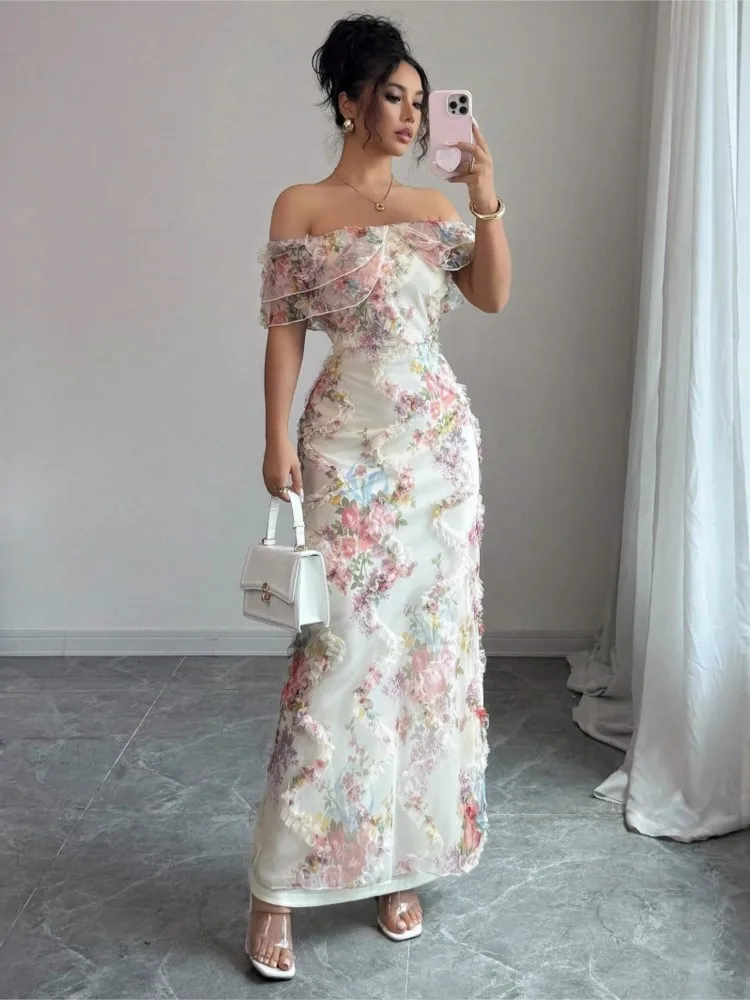 Sexy Boat Neck Dress For Women Fashion Spring Summer Elegant Romantic Ruffled Off-shoulder Waisted Floral Printing Dress Female