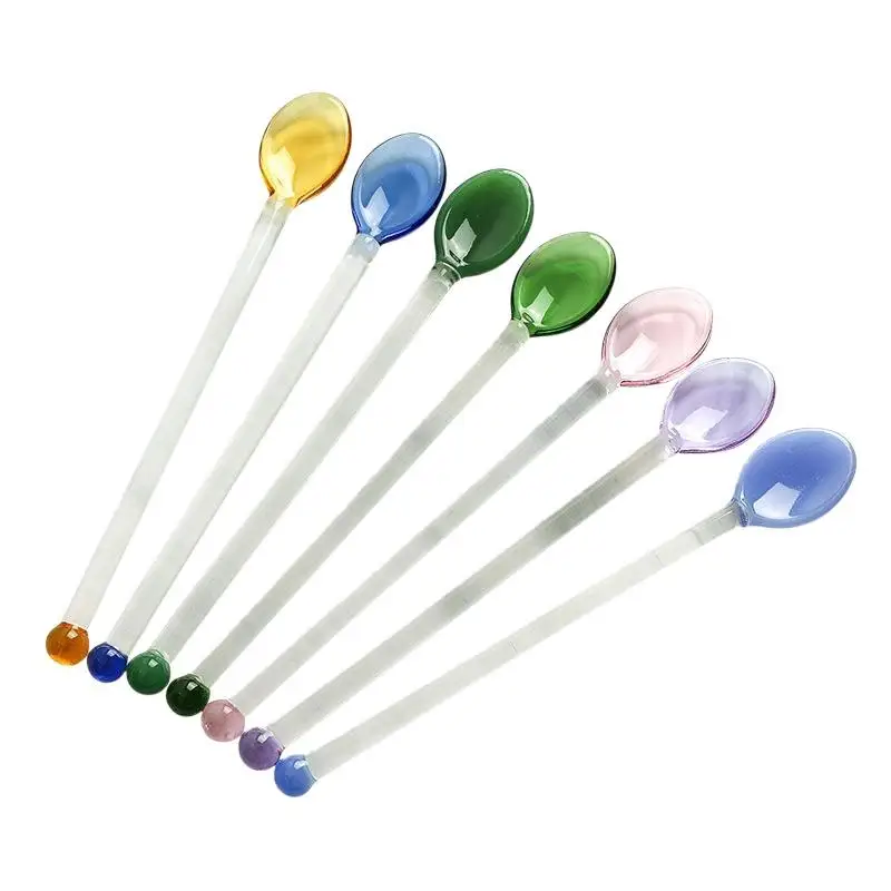 Colorful Transparent Long Handle Heat Resistant Glass Stirring Spoons For Coffee Tea Dessert Mixing