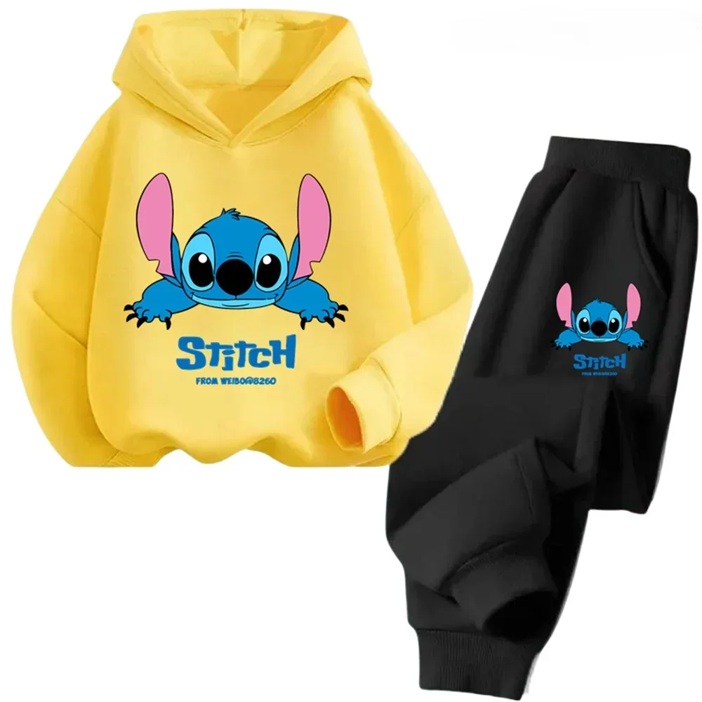 2024 Disney Stitch Cartoon Children Hoodie + Pants 2pcs Set Spring Autumn Fashion Clothing Boys Girls Sweatshirt Kid Sportsuit