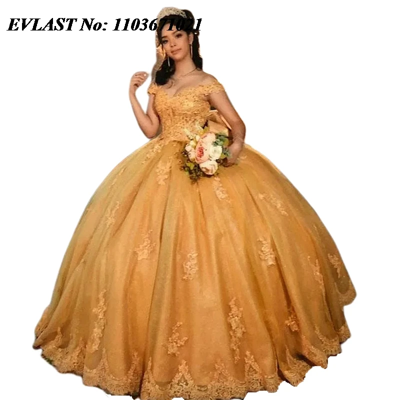 Evlast Prinses Goud Quinnceanera Jurk Baljurk Kant Applique Kralen Kristal Korset Mexican Sweet 16 Vestidos De 15 Anos Sq523