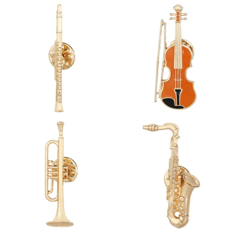 Metal Musical Instrument Lapel Pin Sax Violin Flute Trumpet Brooch Music Lover Badge Suit Collar