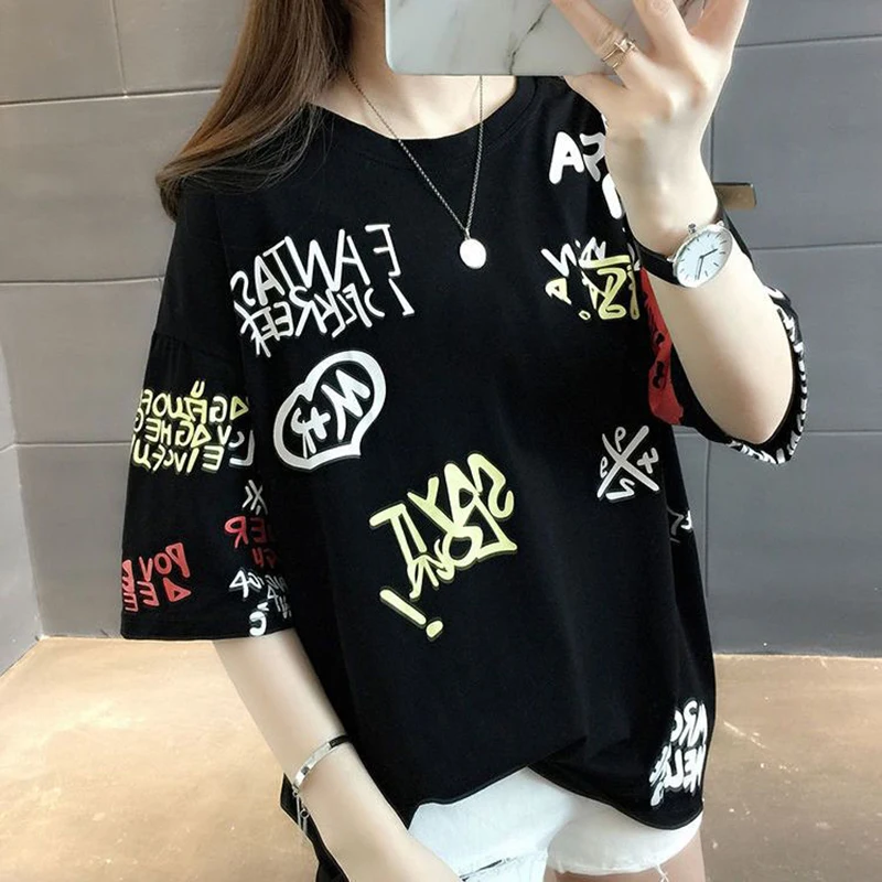 

Fashion Loose Printed Letter Short Sleeve T-Shirt Female Clothing 2024 Summer New Oversized All-match Tops Korean Tee Shirt