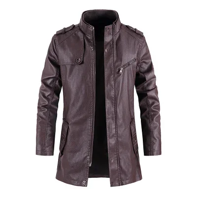 MAIDANGDI  Men's Mid To Long Length Jacket Stand Up Collar Solid Color Trench Coat Leather Jacket Casual Top  Artificial Leather