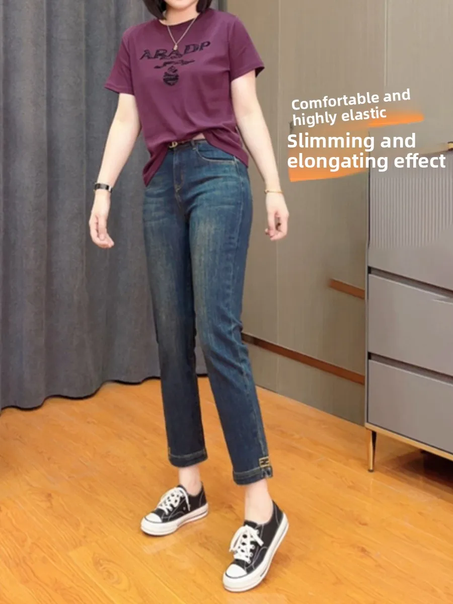 

Summer New Faion High Waist Slim Fit Jeans Women's Skinny Nine Tube Straight Leg Pants Cotton Polyester Blend Straight Cut