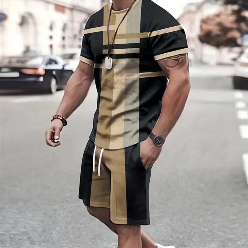 2024 Fashion Men's Sportswear Short Sleeve T Shirt And Sports Shorts Summer Casual Vintage Patchwork Suit Men's Two Piece Suit