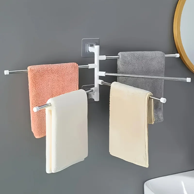 [1pc Rotating Towel Rack Organizer] 1pc Modern Wall-Mounted Bathroom Towel Rack with 180° Rotating Hooks, Punch-Free Stainless