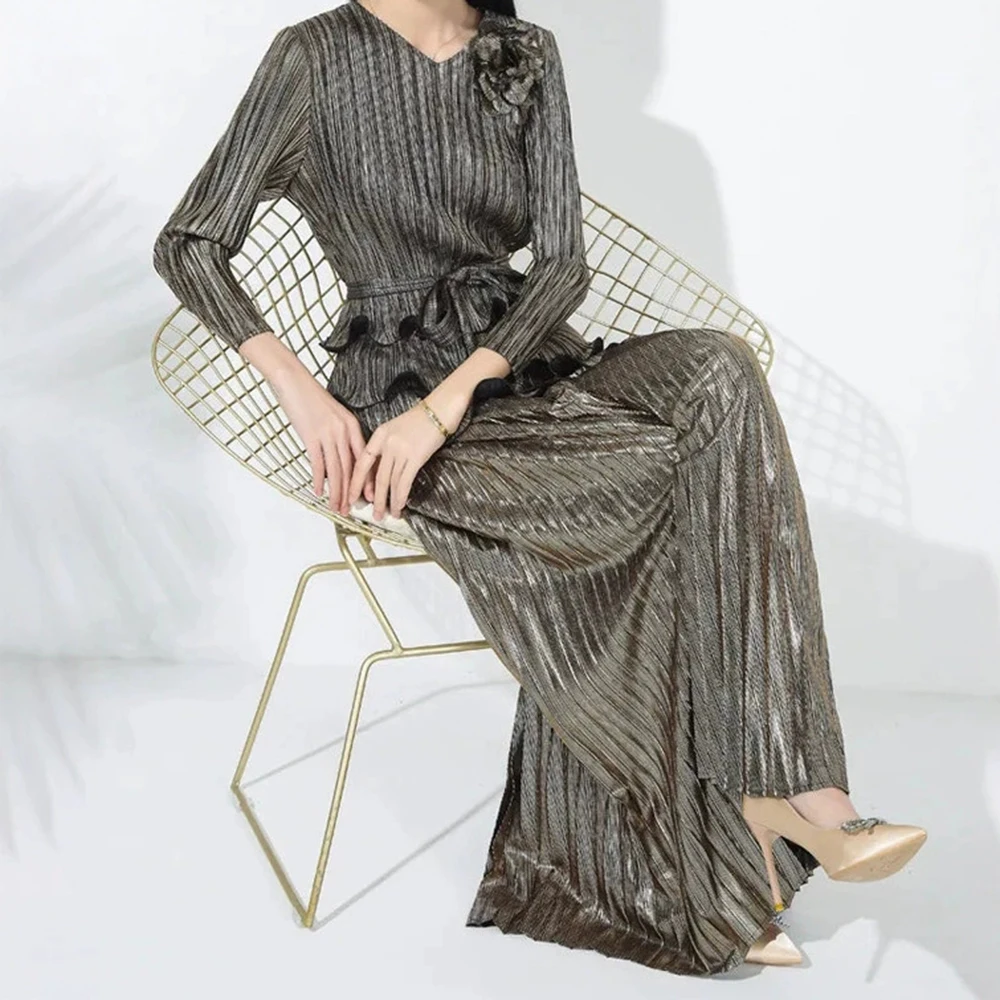 

Plus size women's high-end pleated shirt top pleated long skirt suit hot stamping fashionable skirt-GZXX1029