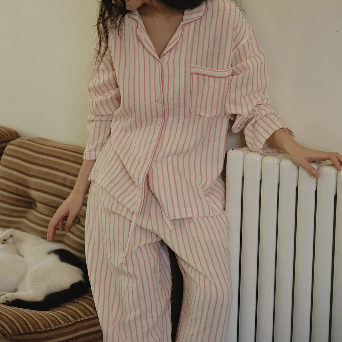 Export To Japan Sleepwear Baby Double-layer Yarn 100% Cotton Soft Breathable Lazy Striped Home Suit Pajamas Set for Women