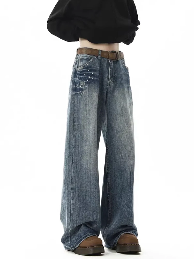 Retro Amerikaanse klinknagel jeans heren herfst winter losse rechte pijpen getailleerde Faion merk all-match wijde pijpen broek