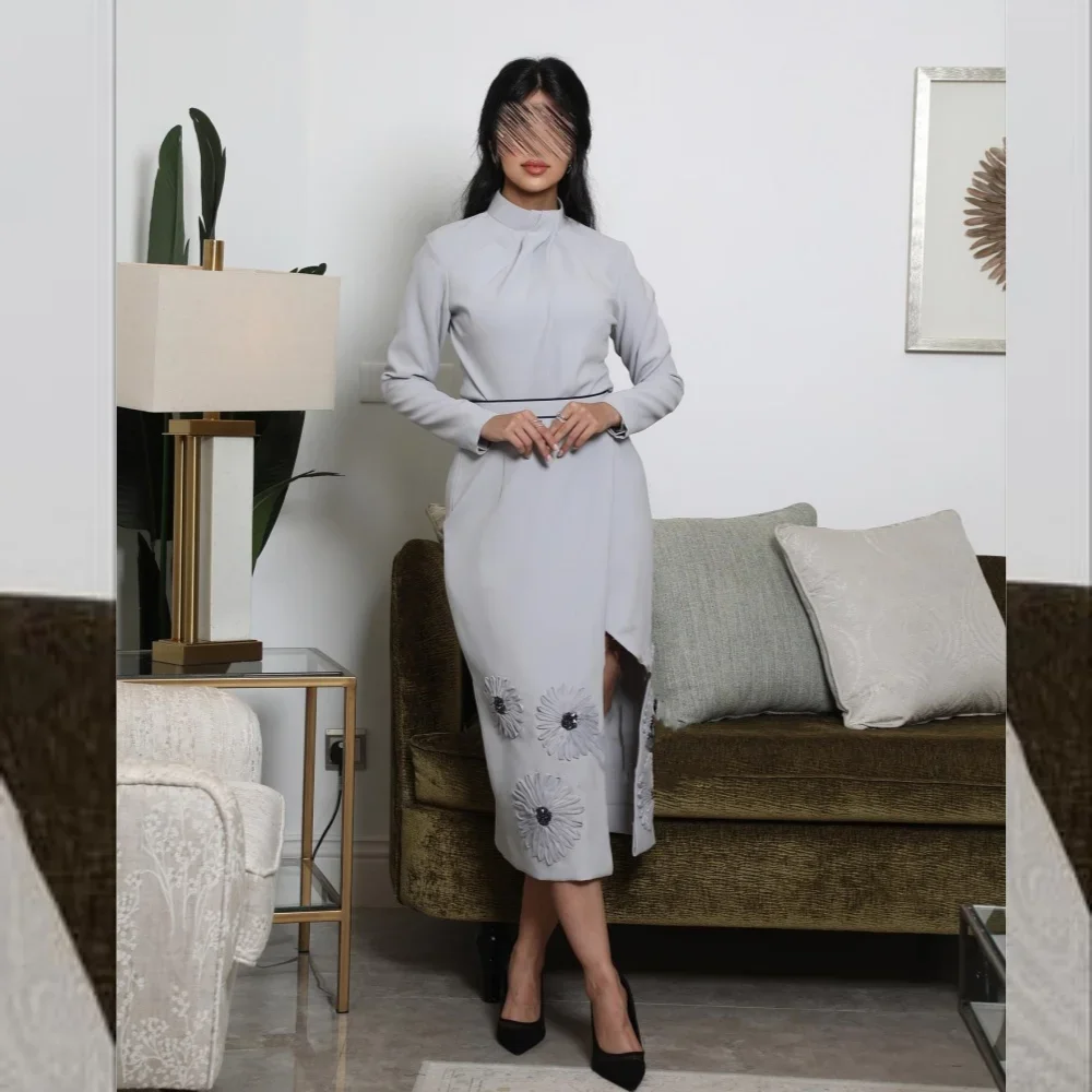 

Customized Jersey Applique Sequined Beach A-line High Collar Bespoke Occasion Gown Midi Dresses