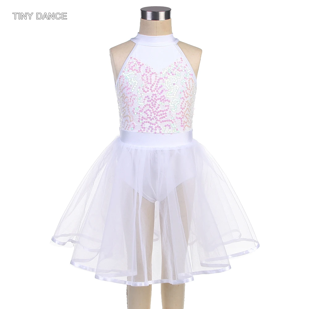 

Halter Neck Ballet Dance Tutu Leotard Dress Girls Ballerina Costumes White Sequin Spandex Bodice with Puffy Tulle Tutu Skirts