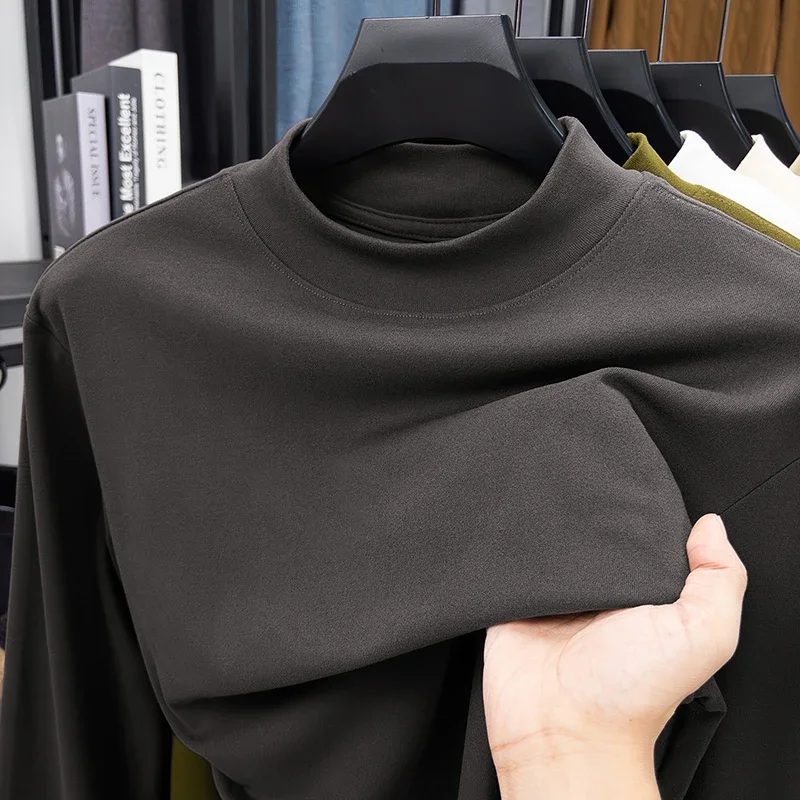 2025 New Men's Casual Solid Color High Collar Velvet Long Sleeve T-shirt Spring and Autumn Versatile Comfortable Top image 4