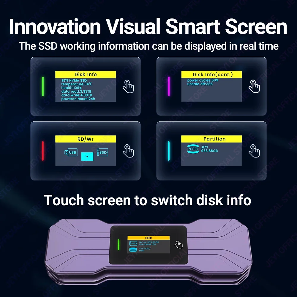 Imagem -03 - Jeyi-visual Inteligente M.2 Nvme Ssd Gabinete com Tela Sensível ao Toque Adaptador Externo Super Cooling Design Suporte Uasp Trim Usb 3.2 10g