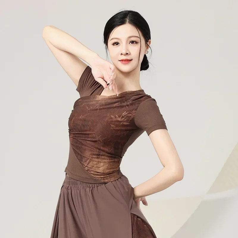 Abiti per la pratica della danza classica cinese, top a maniche corte aderenti per adulti, insegnante di danza moderna, pittura a inchiostro nazionale