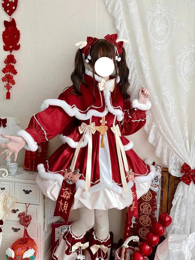 

New Year Set Red Lolita Dress Cloak New Year Outfit for Women Cute Lolita