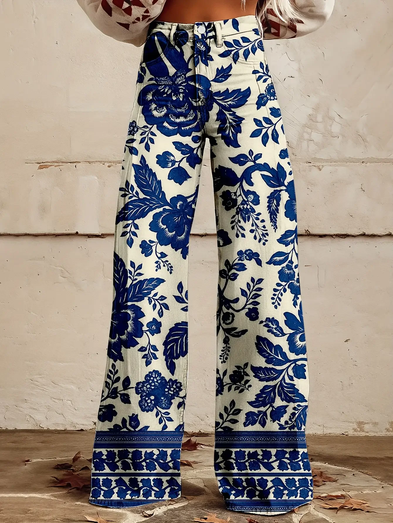 Ladies' casual jeans with colorful western prints , Retro fashion tie dye printed loose flared imitation jeans