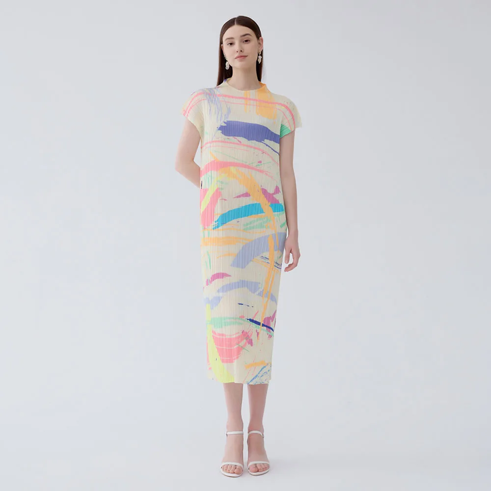 

Miyake Summer New Semi-turtleneck Temperament Versatile Pleated Slim Short-sleeved Medium and Long Skirt Printed Dress Women