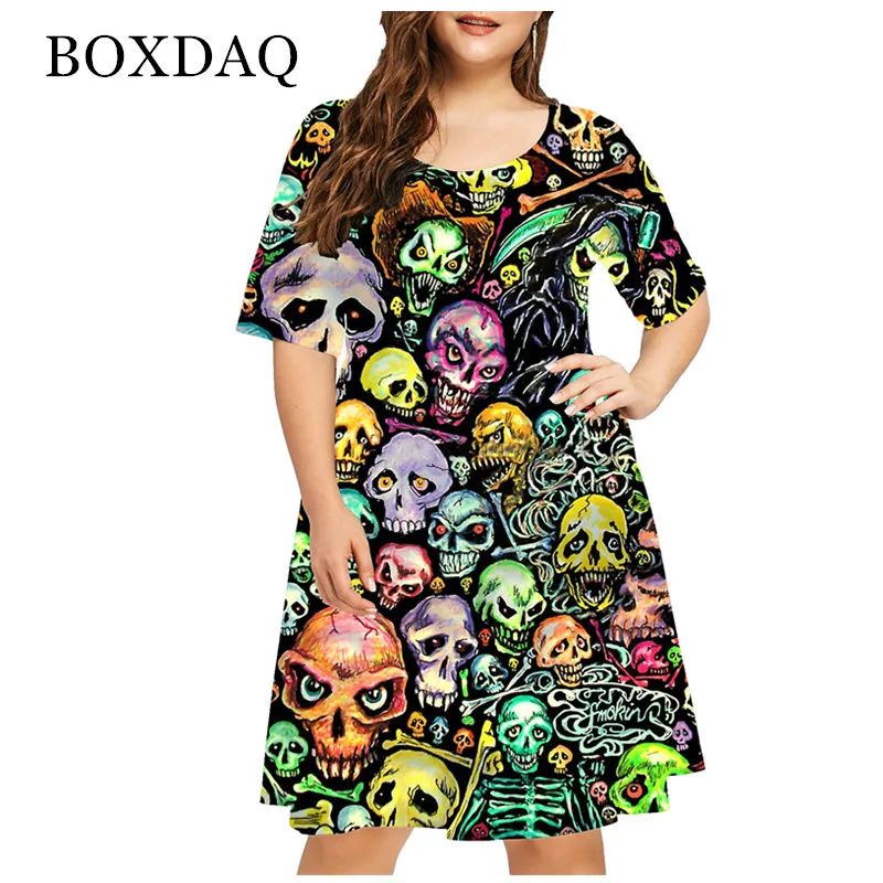 3D Printed Terror Skull Dress Women 2022 Halloween Style Evening Party Dresses Fashion Short Sleeve Loose Clothing Plus Size 6XL