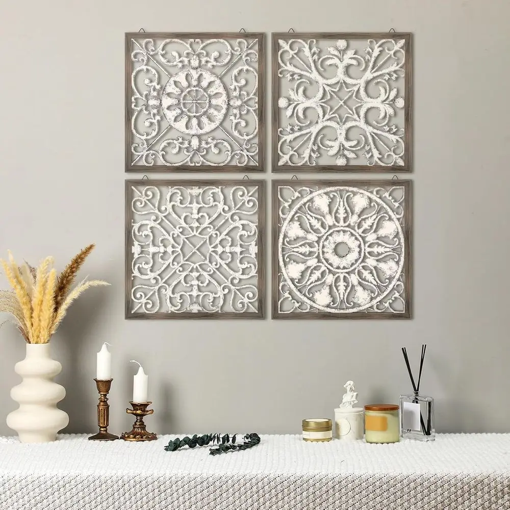 4-Piece Wooden Wall Art Panels for Home Decor, Suitable for Living Room, Kitchen, and Dining Area (Square, Brown, White)