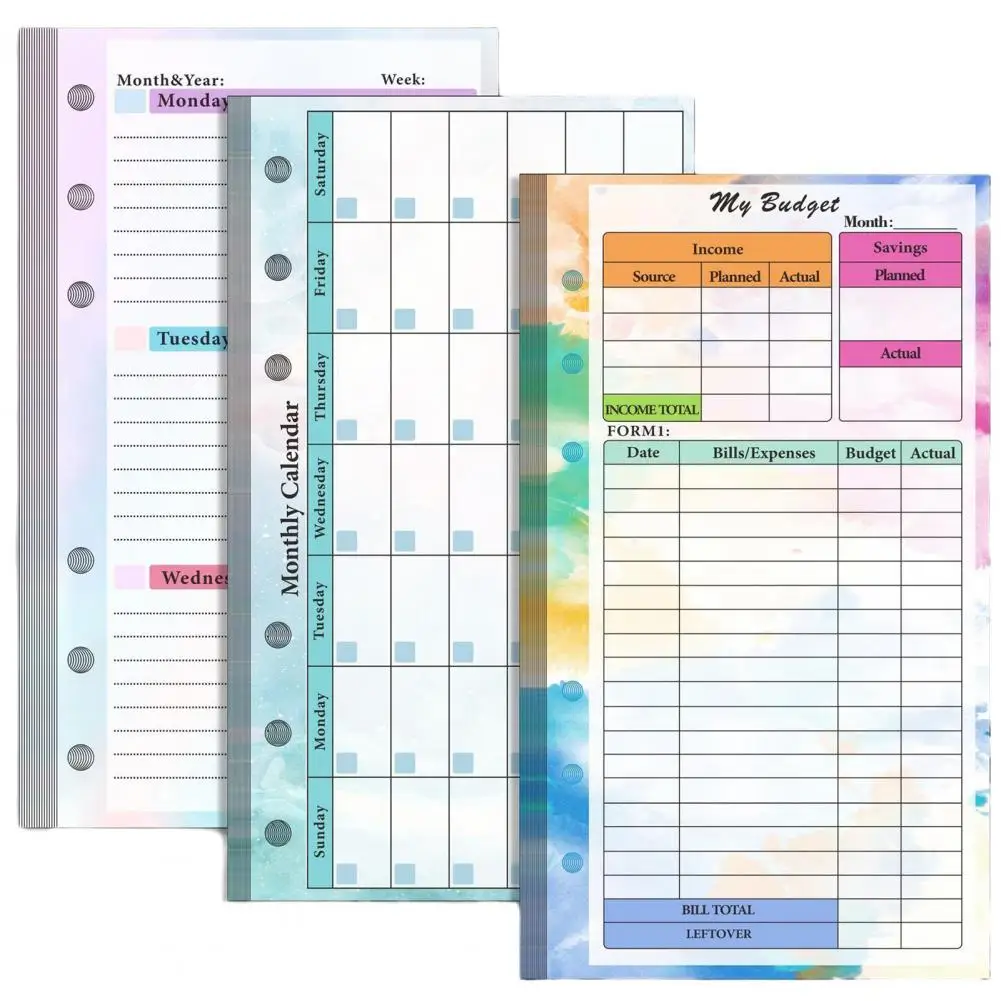 A6 Budget Planner Refill Kit 82 Sheet Colorful Monthly Weekly Planner Calendar Inserts 6 Hole Loose-leaf Notebook Replacement