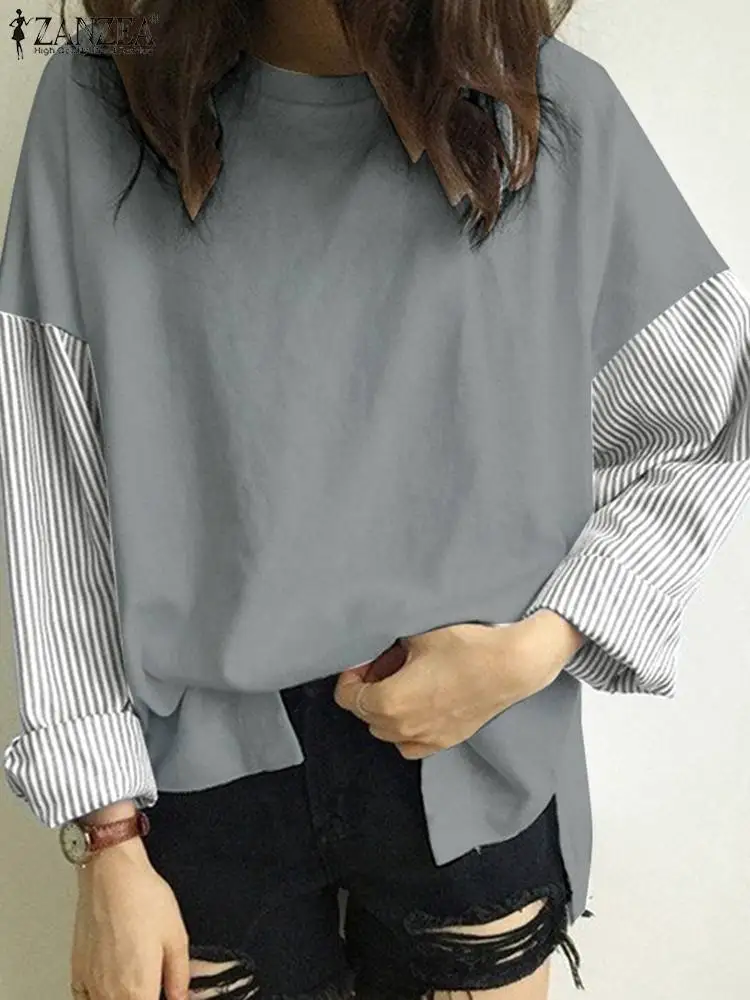 ZANZEA Casual Loose Blouse 2023 Women Long Sleeve Sweatshirts Patchwork Autumn Round Neck Pullover Korean Cotton Tops Oversize