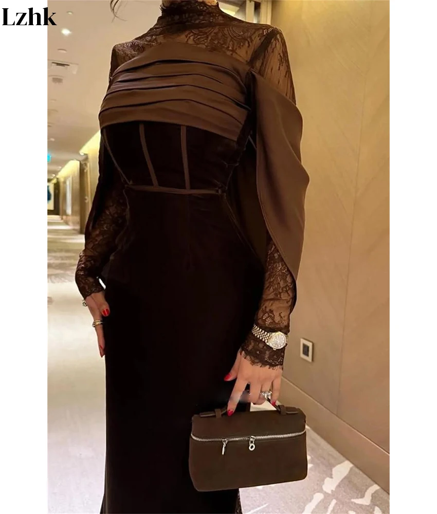 Customized Graceful Velvet Mermaid Lace Evening Dress Temperament High Collar Long Sleeves Floor Length Bespoke Occasion Gowns