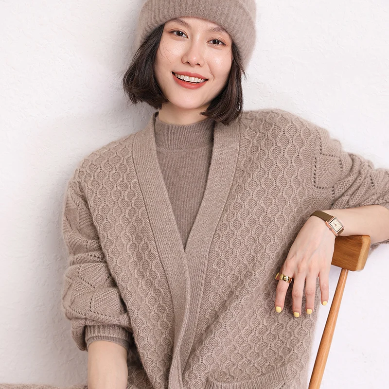 Hot Sale Autumn Winter New 100% Cashmere Cardigan Sweater Women\'s Solid Color Thicking Soft Fashion Long Coat Female