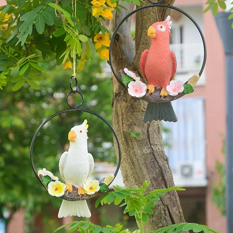 

Cute Resin Hang On Tree Parrot With Ring Outdoor Garden Statue Animal Sculpture Decoration For Home Office Room Decor Ornament