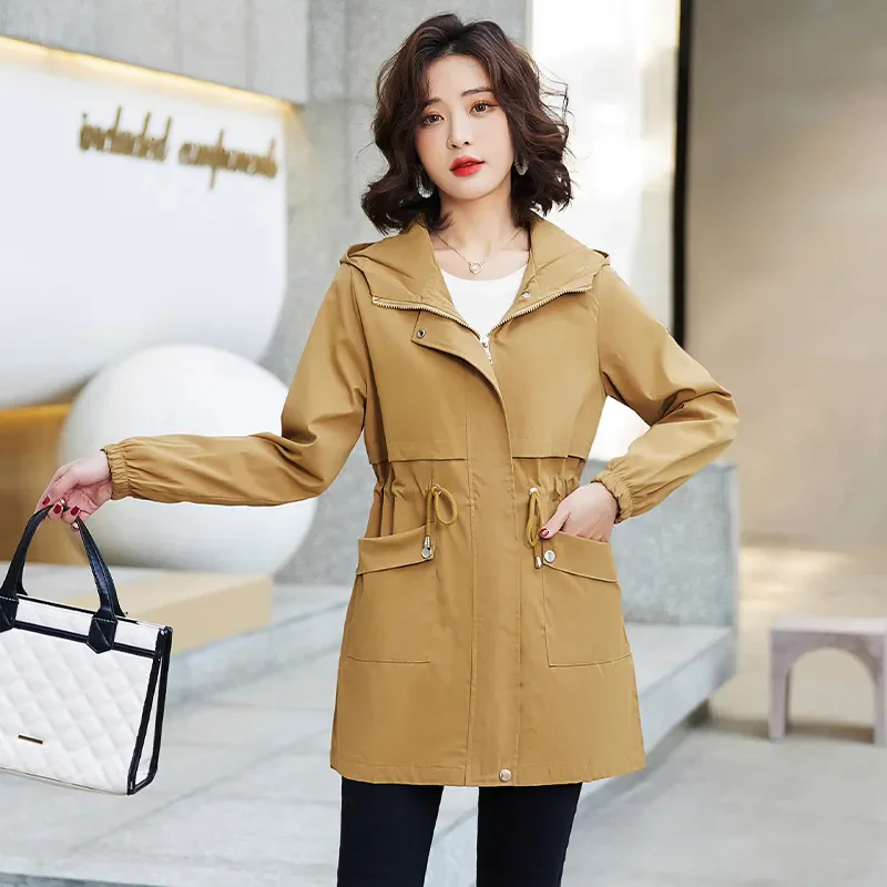 

Spring autumn Hooded Mid-Length Windbreaker Coat Women Fashion Drawstring Windproof Jacket Female Temperament Slim Outwear B1197