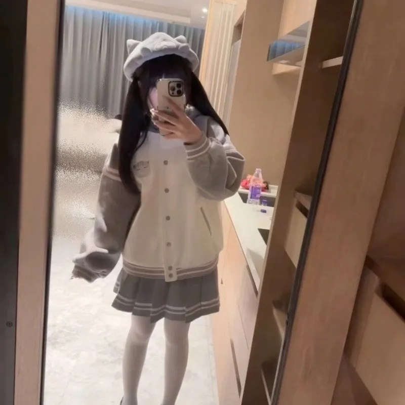 

Japanese Kawaii Hoodie Harajuku Subculture Patchwork Baseball Hoodies Cute Aesthetic Sports Coat Women Sweet All Match Jacket