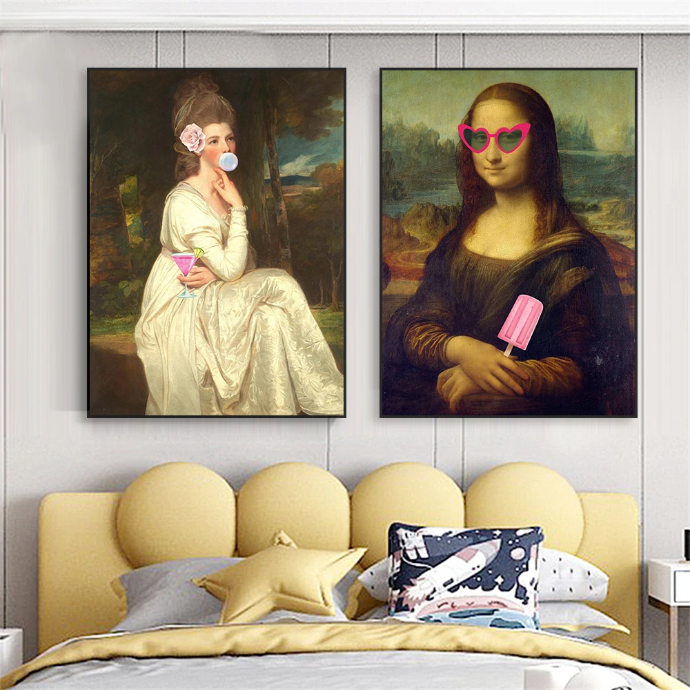 Mona Lisa Prints Altered Art Female Portrait Poster Funny Renaissance Baroque Oil Painting Canvas Painting Dinning Room Decor