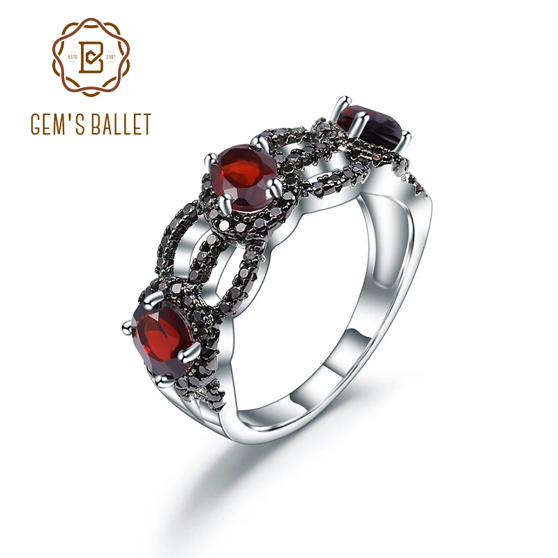 

GEM'S BALLET 1.35Ct Natural Red Garnet Antique Style Three Stone Ring 925 Sterling Silver Gemstone Rings For Women Fine Jewelry