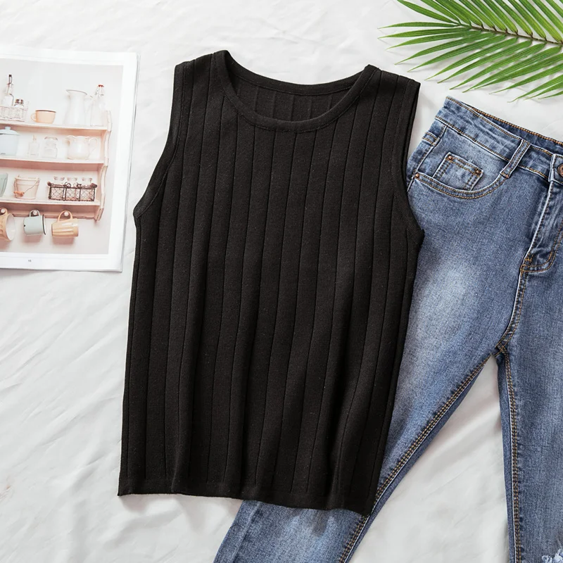 Koreańska dzianinowa kamizelka damska typu slim fit, okrągły dekolt, elastyczna, uniwersalna, bazowa bluzka, T-shirt, do pracy, elegancka, czysta...