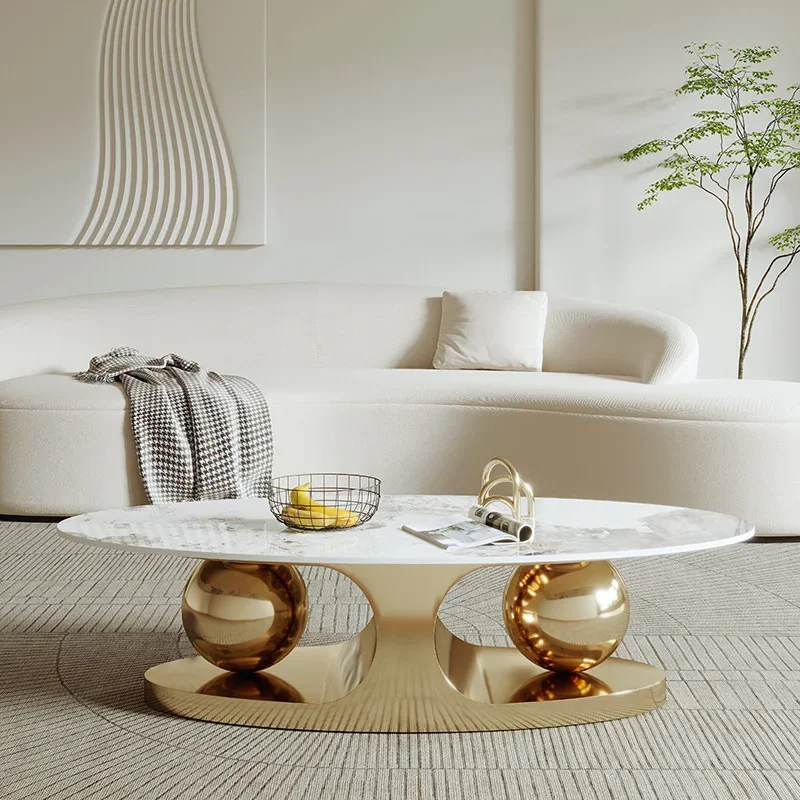 Mesa de centro con tapa de pizarra de piedra blanca ovalada de diseño moderno, muebles para el hogar, sala de estar, mesa de centro de lujo de mármol dorado grande