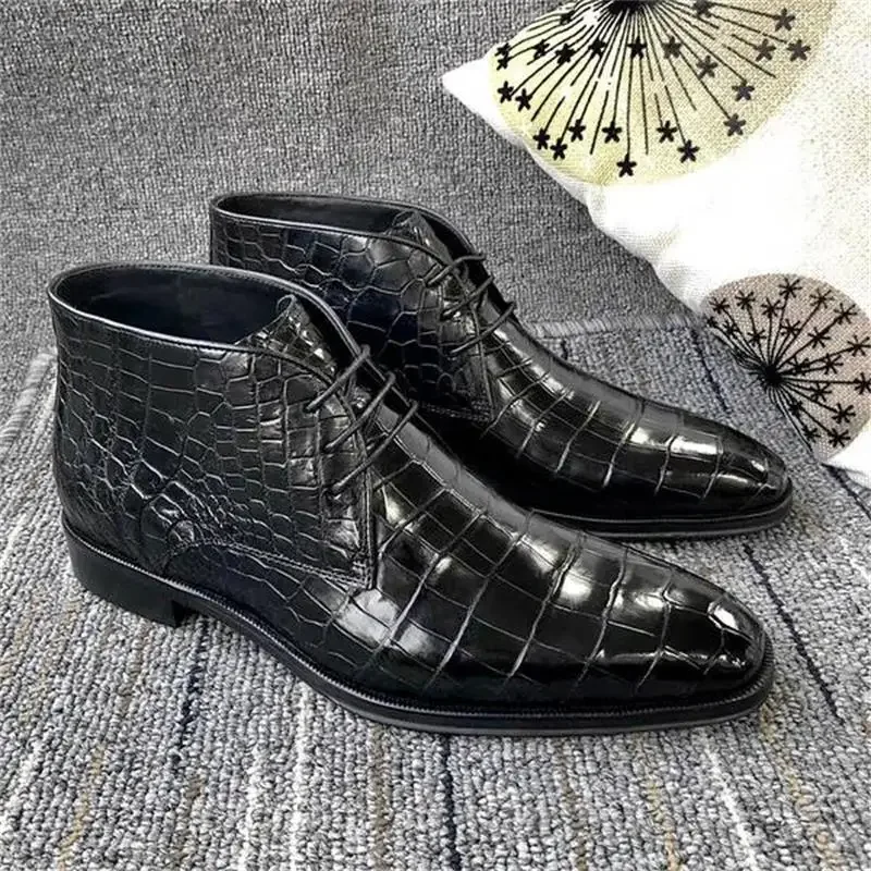 Men Ankle Boots Crocodile Pattern Square Toe Lace-Up Fashion Versatile Business Casual Party Daily Business Men Short Boots