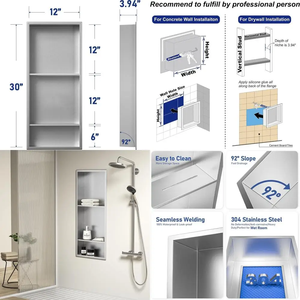 

30 x 12 Brushed Stainless Steel Shower Enclosure with 3-Tier Shelves for Bathroom Storage