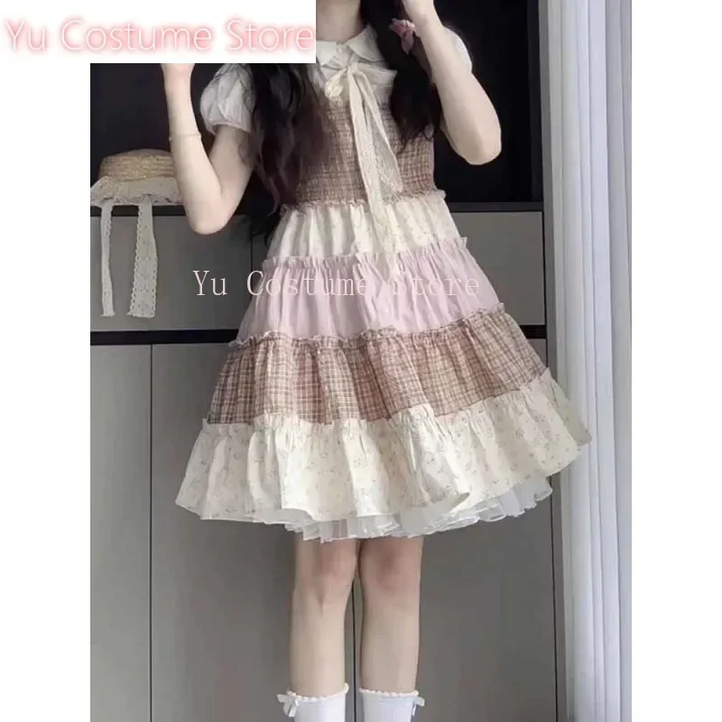 

2025 New Women's Contrast Color Slip Dress Sleeveless Pleated Patchwork Fashion Sweet Slim Plaid Printing Midi Dress