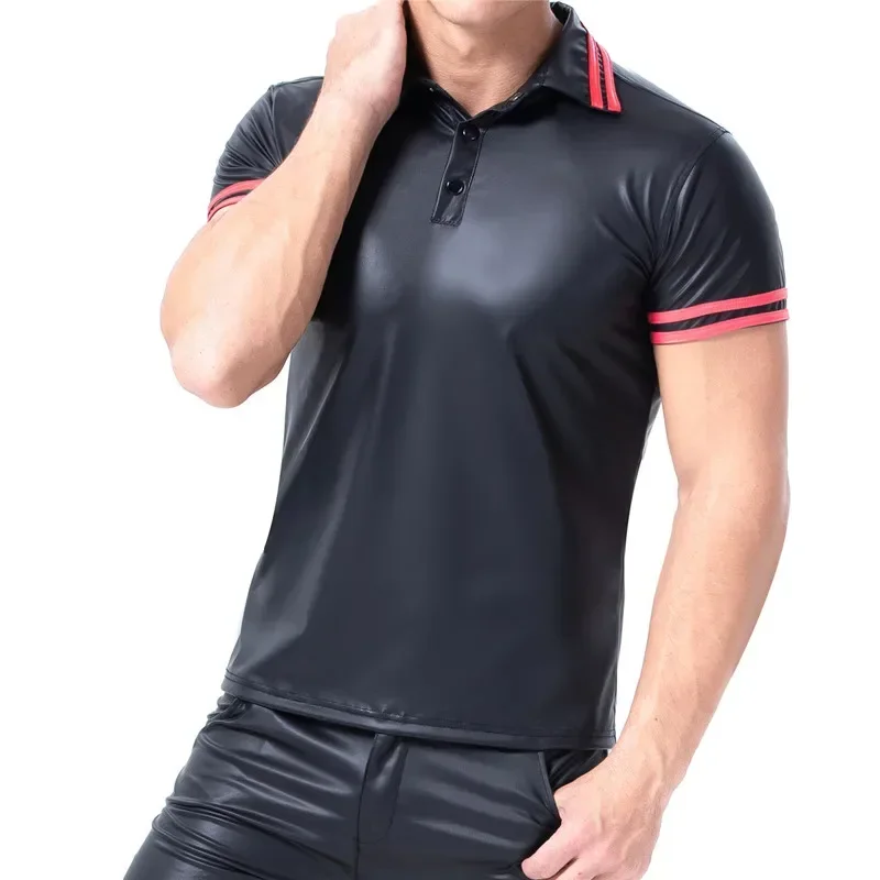 Fashion Men PU Leather T-shirt Turn-down Collar Short Sleeve Tee Shirts Sexy Male Faux Leather Night Clubwear Shirts Streetwear