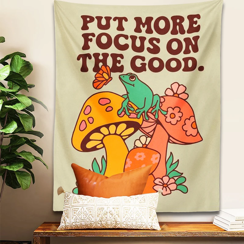 1pc Mushroom Frog Tapestry Wall Hanging Retro Put More Focus on the Good Trippy Aesthetic Room Decor Vintage Boho Wall Art