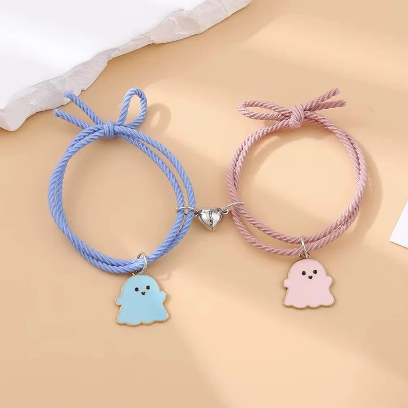 2Pcs/Set Ghost Braided Bracelet for Lovers Long Distance Heart Magnet Couple Bracelets Friendship Fashion Jewelry Gift