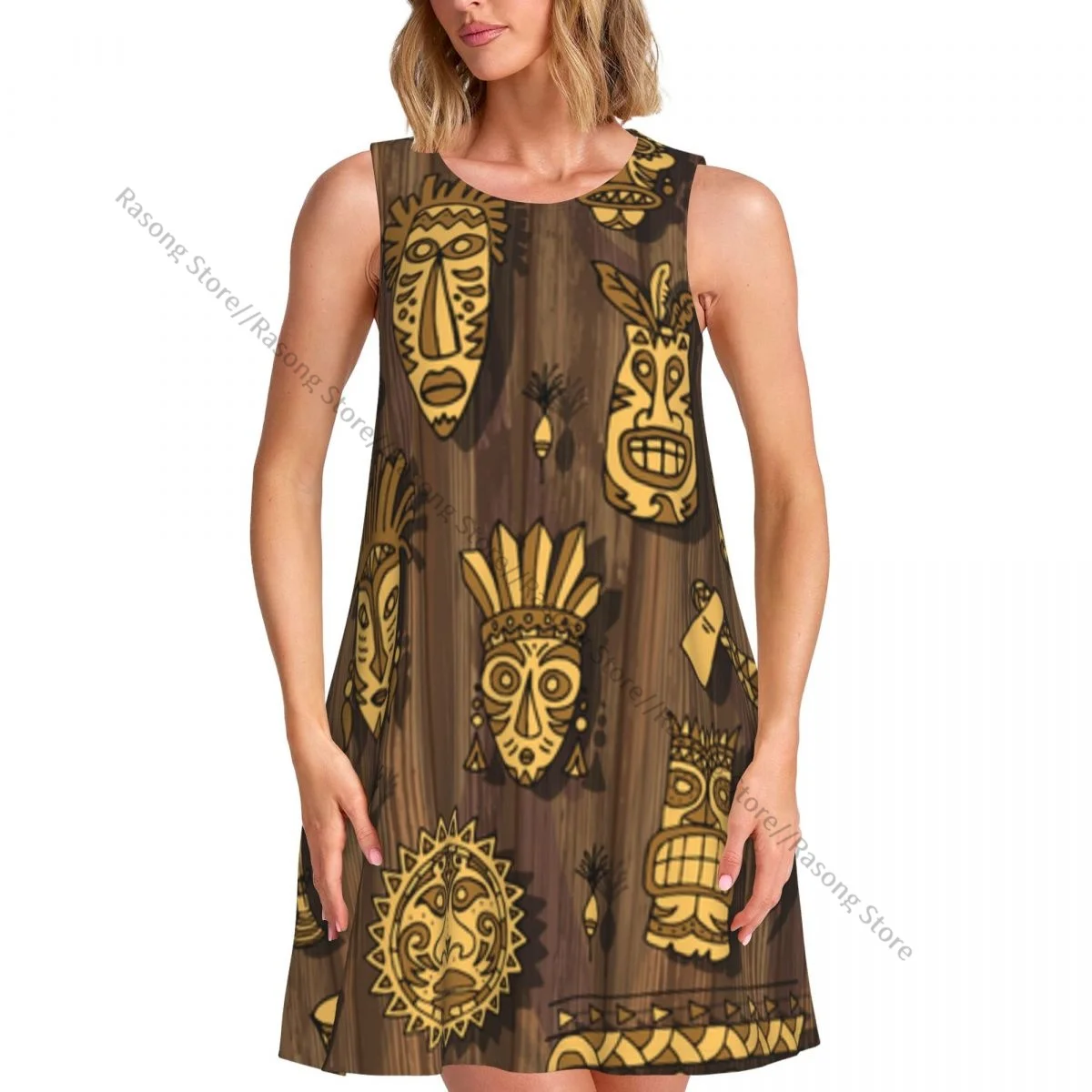 Women's Dress Tribal Mask Set Background Summer Casual T Shirt Beach Cover up Tank Dress
