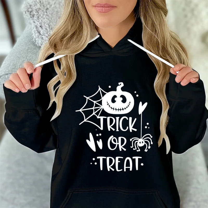 Trick or Treat Graphic Sweatshirts Hoodies Women Funny Halloween Gift Classic Pullover Hoodie Retro Pumpkin Halloween Sweatshirt